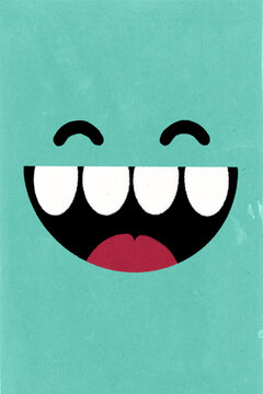 Cartoon face showing big teeth and smiling on green background