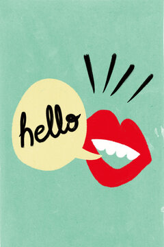 Red lips saying hello in speech bubble on green textured background
