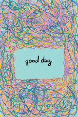 Handwritten words surrounding colorful abstract scribble frame