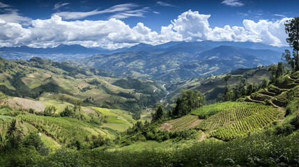 Fototapeta premium Stunning Mountain Landscape with Rolling Hills and Blue Sky