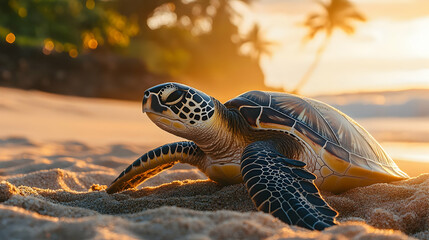 Naklejka premium Sea Turtle on Beach at Sunset