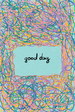 Handwritten words surrounding colorful abstract scribble frame