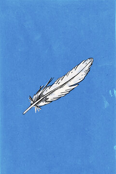 Single white feather on textured blue background