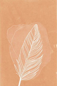 Minimalist boho illustration of single white feather on textured background