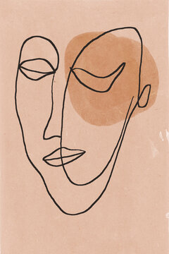 Art of continuous line depicting woman face on beige background