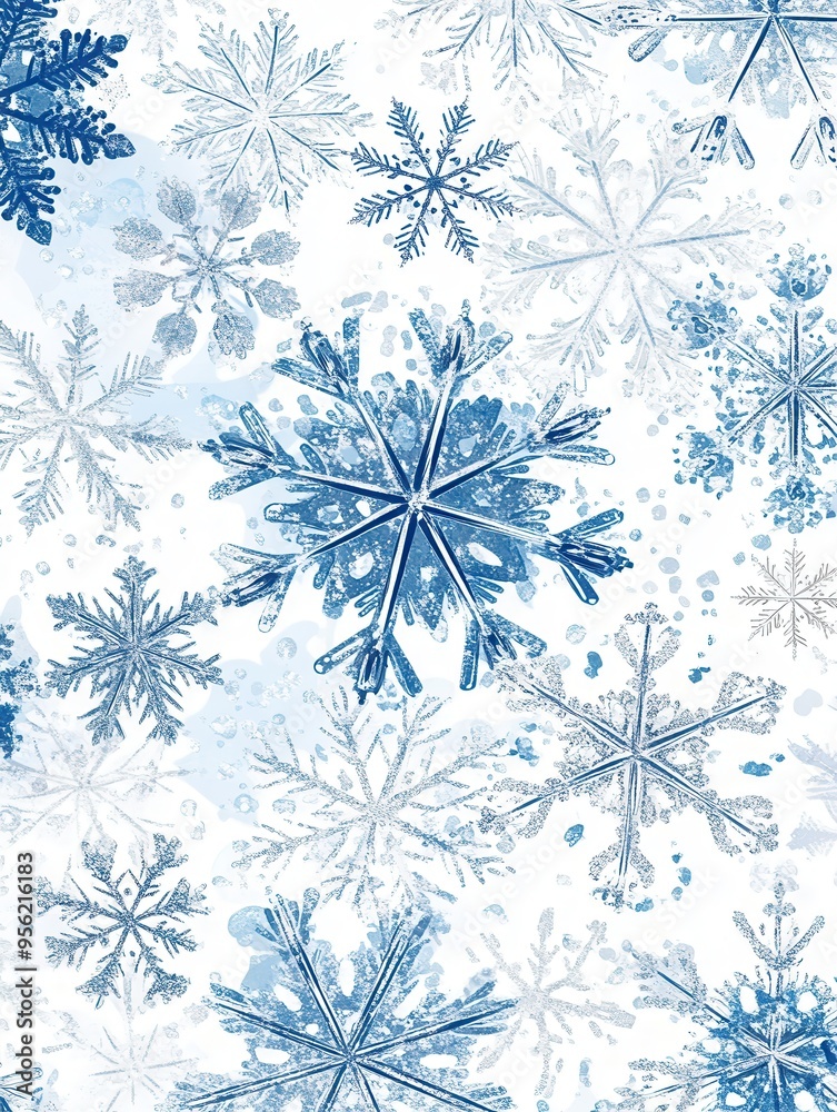 Poster Vibrant blue snowflakes and delicate lines create a mesmerizing winter pattern, evoking the beauty of a snowy landscape. Generative AI