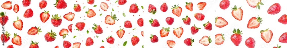 Poster an isolated strawberry falling on a white background with selective focus