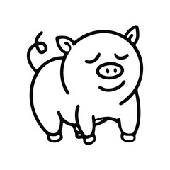 A charming and playful black-and-white outline of a happy pig with a curled tail.