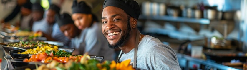Fototapeta premium Smiling volunteers serving food at a community kitchen, unity, volunteerism