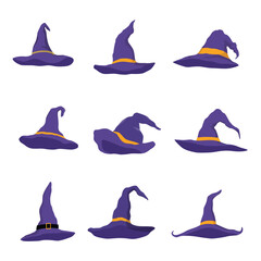 Violet cartoon witch hats. Halloween party costume hats