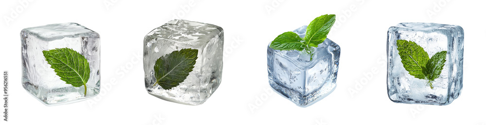 Poster A mint leaf in an ice cube, isolated on a white background, with a clipping path and a full depth of field.