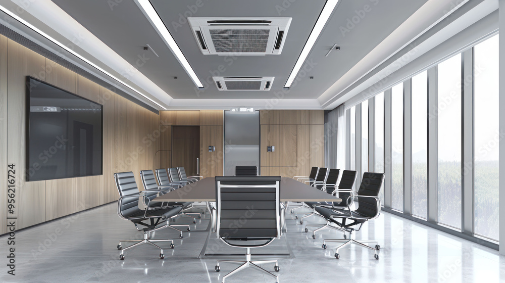 Poster modern conference room with sleek design and large windows, featuring long table and ergonomic chair