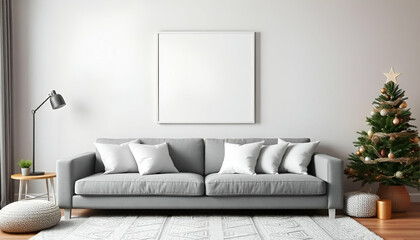 A room that feels like Christmas has a gray sofa, white throw pillows, and a white frame on the wall.