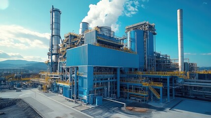 Obraz premium Modern blue industrial refinery plant emitting smoke from chimney