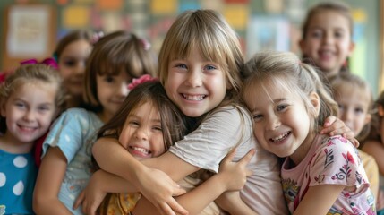 Obraz premium A group of young girls are hugging each other and smiling