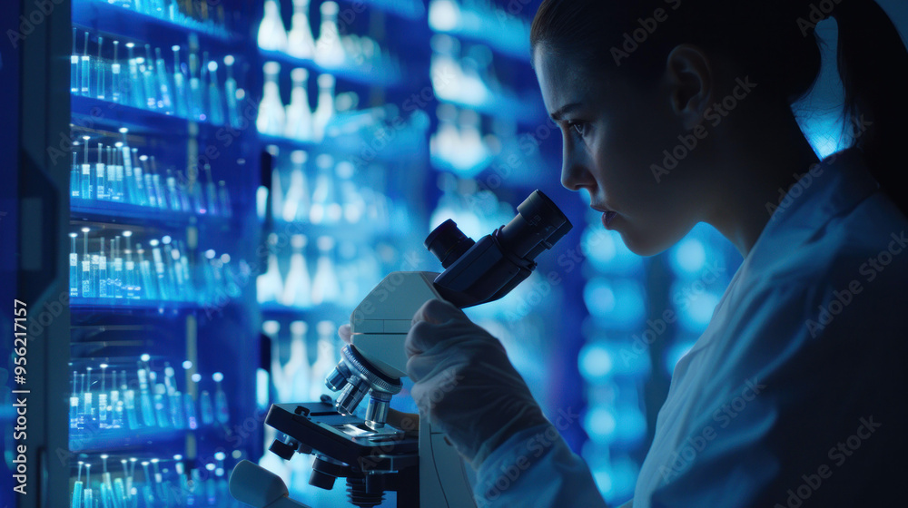 Poster a focused scientist examines samples under microscope in modern laboratory, surrounded by glowing te