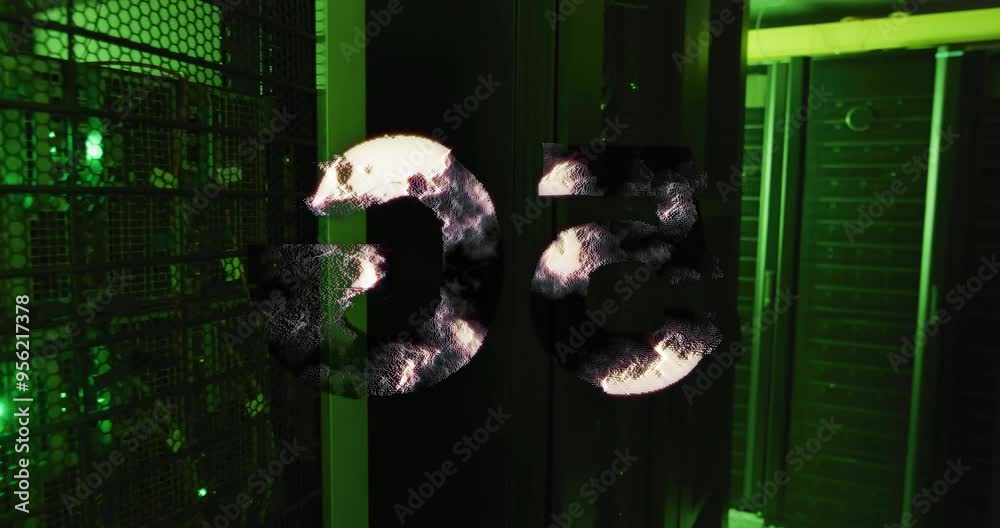 Poster glitch effect animation over server racks in data center