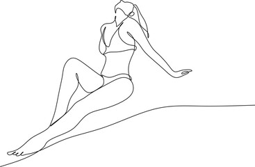 Woman sunbathing on the beach lineart.Hand drawn