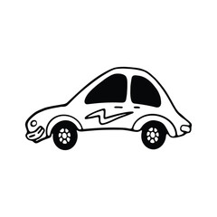 A minimalistic black and white line drawing of a small car with a rounded body and simple details.