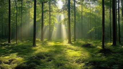 Obraz premium Sunlit forest with rays of light filtering through tall evergreen trees.