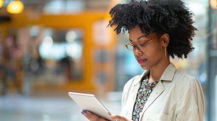 A woman with curly hair is focused on her tablet in modern setting, showcasing concentration and engagement.