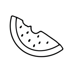 A clean and simple black and white line drawing of a slice of watermelon with visible seeds.