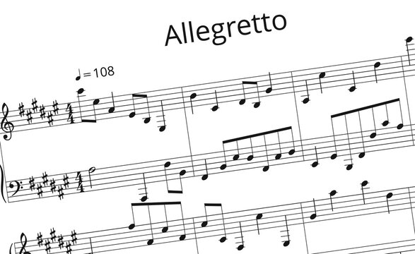 A section of a sheet music with the phrase Allegretto. "Allegretto" is a musical term indicating a moderately fast tempo.