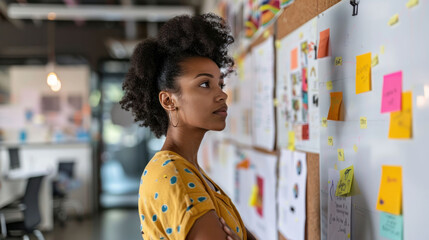 Creative woman analyzing ideas on wall covered with sticky notes and papers, showcasing collaborative workspace.