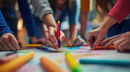 Naklejka premium Colleagues in a creative brainstorming session, using colored markers and a large paper roll to visualize their collective ideas.