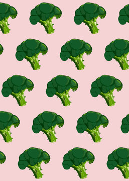 Seamless pattern of illustrated broccoli on colored background