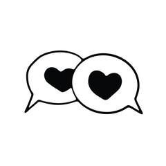 A black and white line drawing featuring two overlapping speech bubbles, each containing a heart icon.