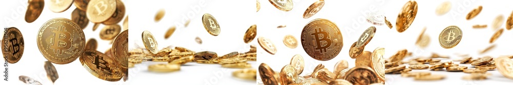 Poster a falling bitcoin isolated on a white background, focused selectively