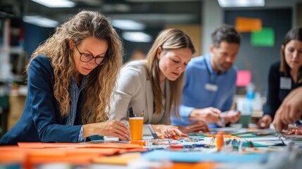 Fototapeta premium Colleagues participating in a hands-on workshop, using craft materials to foster creativity and team bonding.