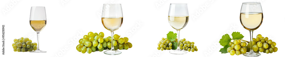 Poster Grapes and white wine in a glass isolated on white background, clipping path, full depth of field