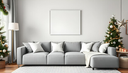 The living room features a gray sofa, white throw pillows, and a white blank frame on the wall. It's Christmas time.