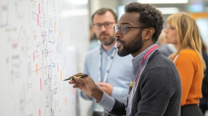Colleagues participating in a mind-mapping exercise, drawing connections between ideas on a large whiteboard.