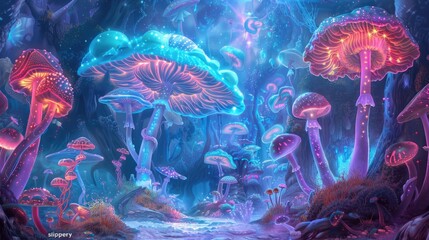 Obraz premium Hand reaching down from the clouds to grab a mushroom from a giant mushroom forest slippery texture neon colors with dmt molecules and fractals