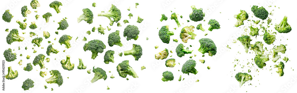 Poster broccoli falling on white background with clipping path, depth of field full