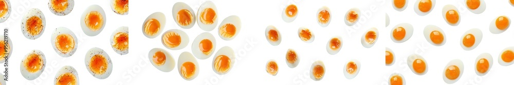 Poster a falling boiled egg without a shell, isolated on a white background, selective focus