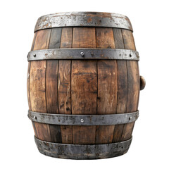 Obraz premium A rustic wooden barrel with metal fittings, ideal for creating a vintage or traditional atmosphere in your design.