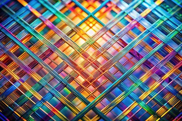 A colorful lattice pattern of parallel lines shifts mesmerizingly as light reflects off its intricate design, creating a moire effect.