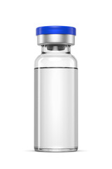 Clear glass 15R vial with a blue cap containing a colorless liquid isolated. 3D rendering illustration. Transparent PNG image.