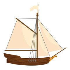 Old wooden ship. Cartoon sailing ship isolated on white background