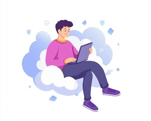 Fototapeta premium A relaxed young man sitting on a cloud, working on a laptop with a joyful expression, representing creativity and productivity.