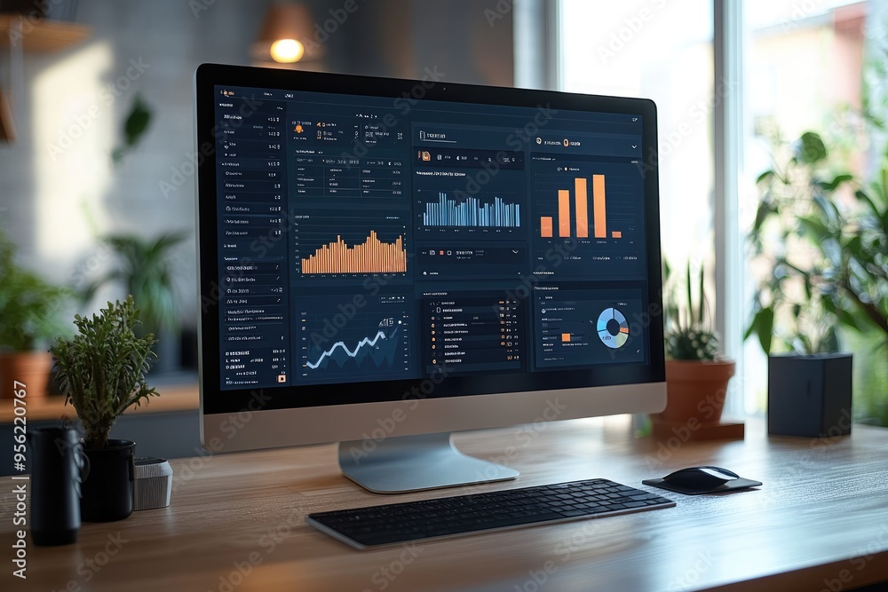Fototapete Modern workspace setup showing financial data on a desktop computer screen