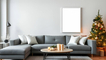 The living room is decorated for Christmas and has a gray sofa, white throw pillows, and a white blank frame on the wall.
