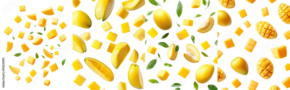 Aufkleber a falling mango is isolated on a white background and has a clipping path, a full depth of field, an
