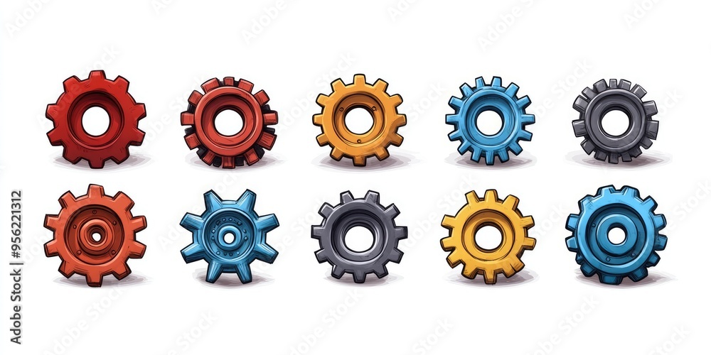 Poster ten colorful cartoon gears rotating with different designs