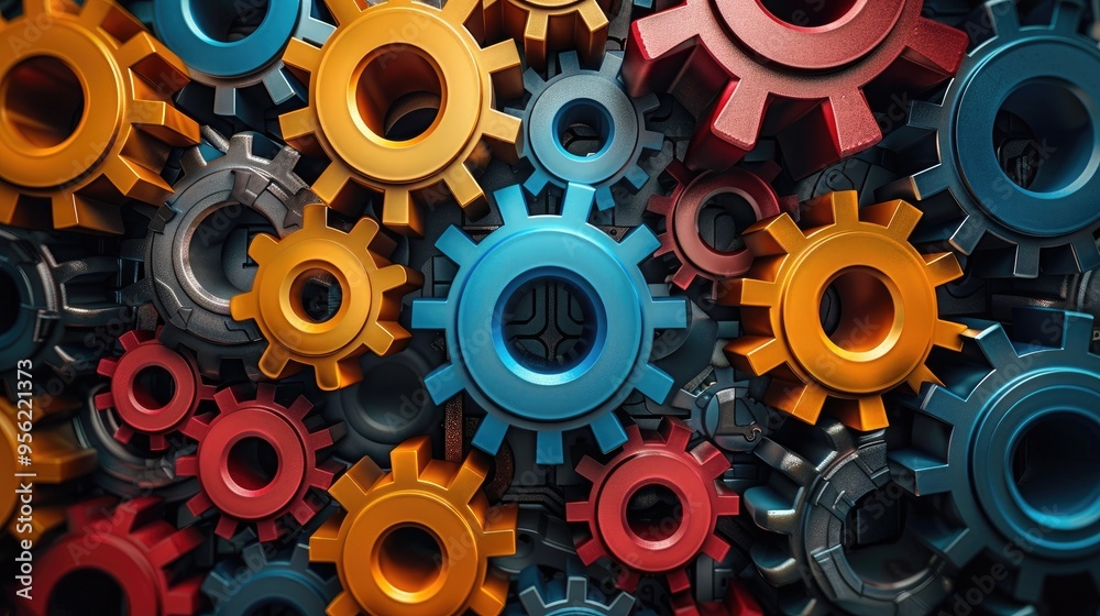 Aufkleber colorful metallic gears interlocking representing teamwork and collaboration