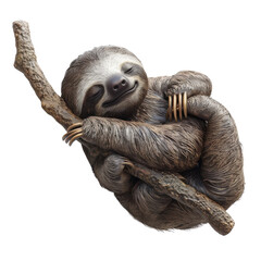 Fototapeta premium Cute sloth relaxing on a branch, showcasing its adorable smile and peaceful demeanor, perfect for nature-themed projects.